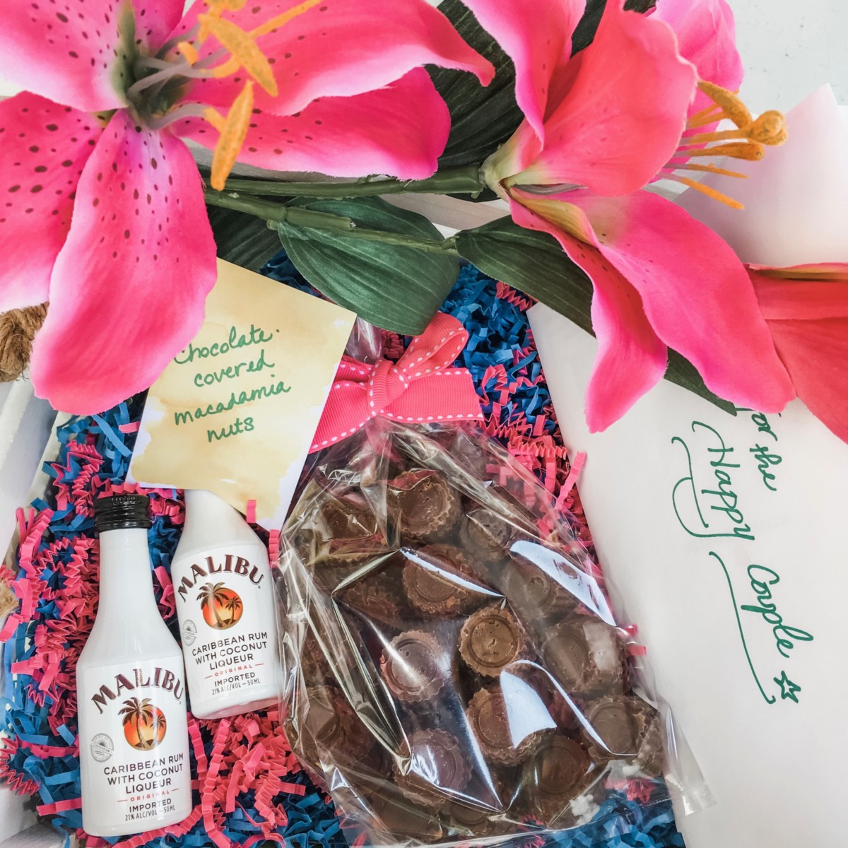 luau basket with chocolates close up