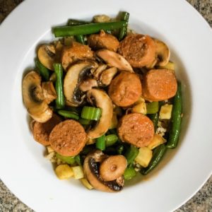 maple veggie sausage skillet recipe in a bowl