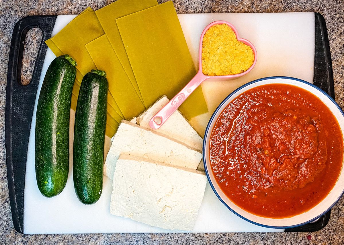 vegan lasagna ingredients on a cutting board