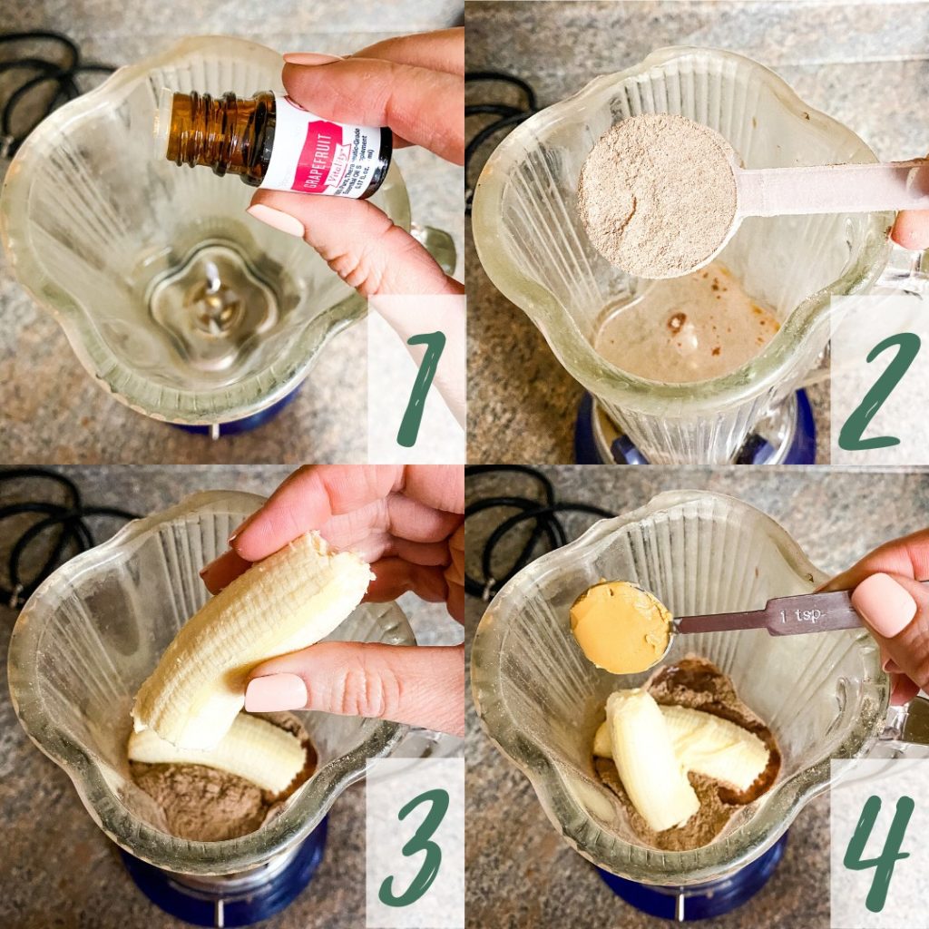 a hand pouring smoothie ingredients into a blender
