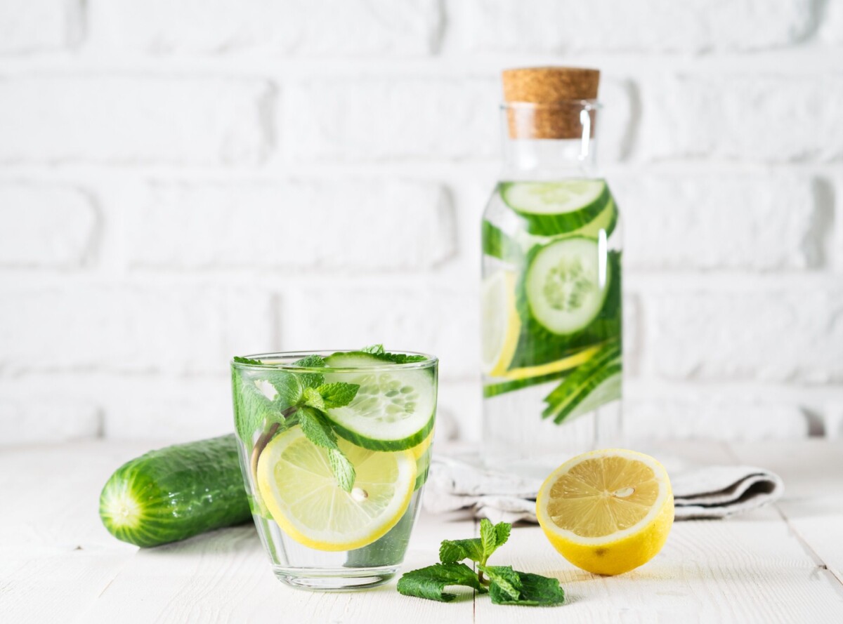 water bottle and glass with cucumber infused water