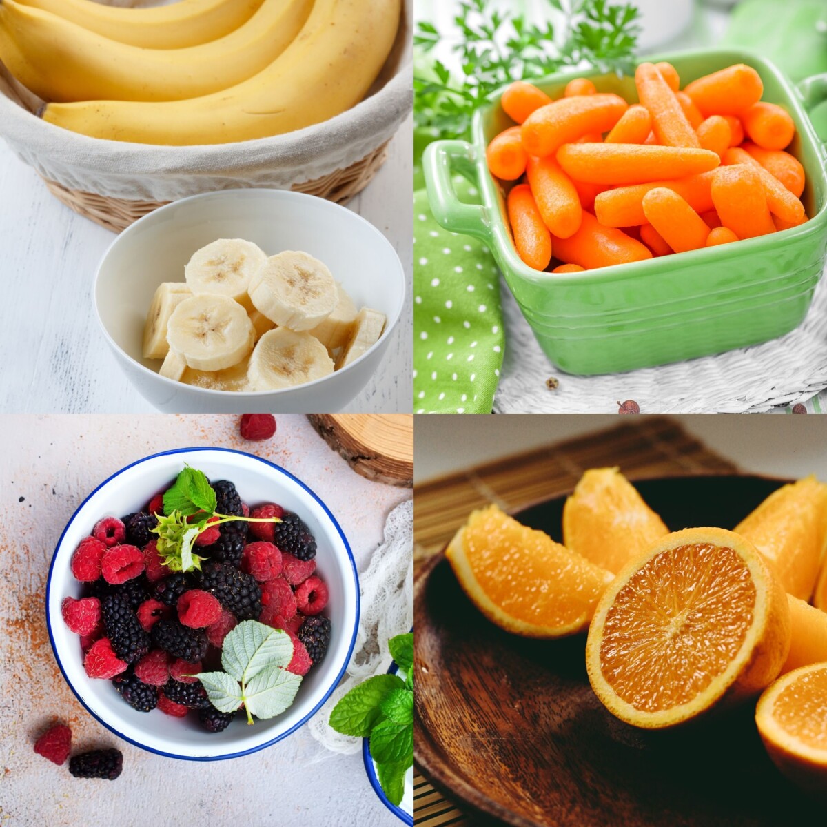 bananas, carrots, berries and oranges
