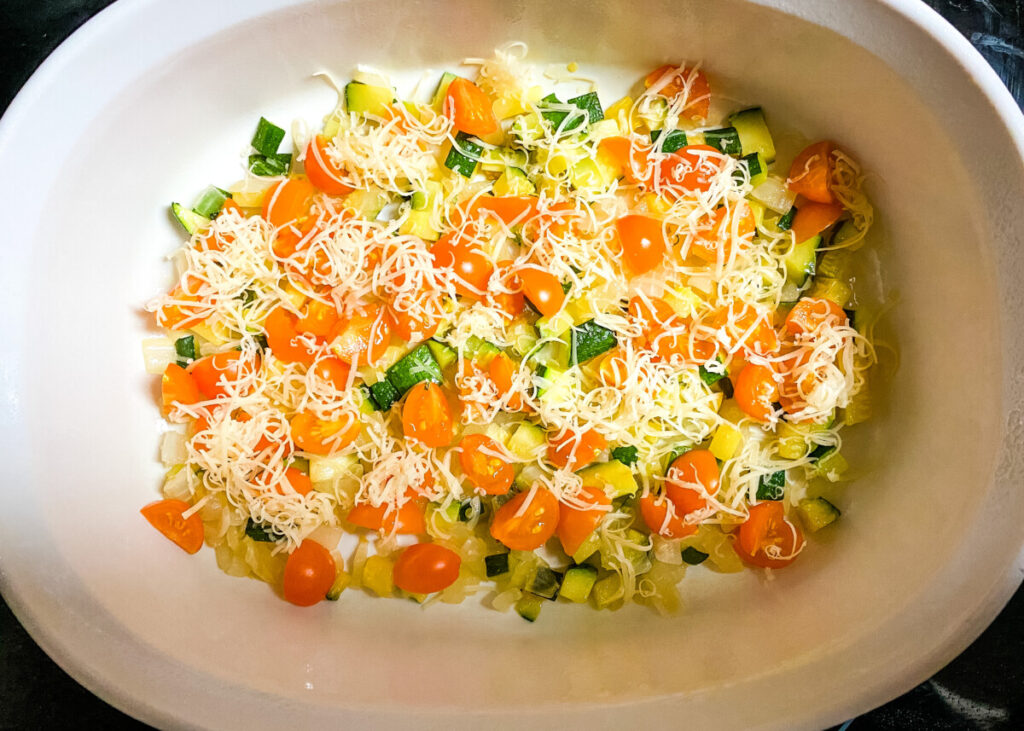 veggies in a casserole dish for zucchini frittata